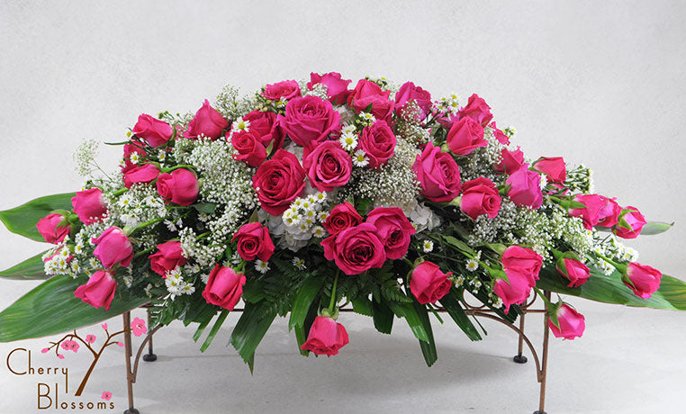 Red Rose Casket Spray-Half Cover Also Available in Pink or White