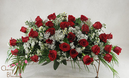 Red Rose Casket Spray-Half Cover    Also Available in Pink or White